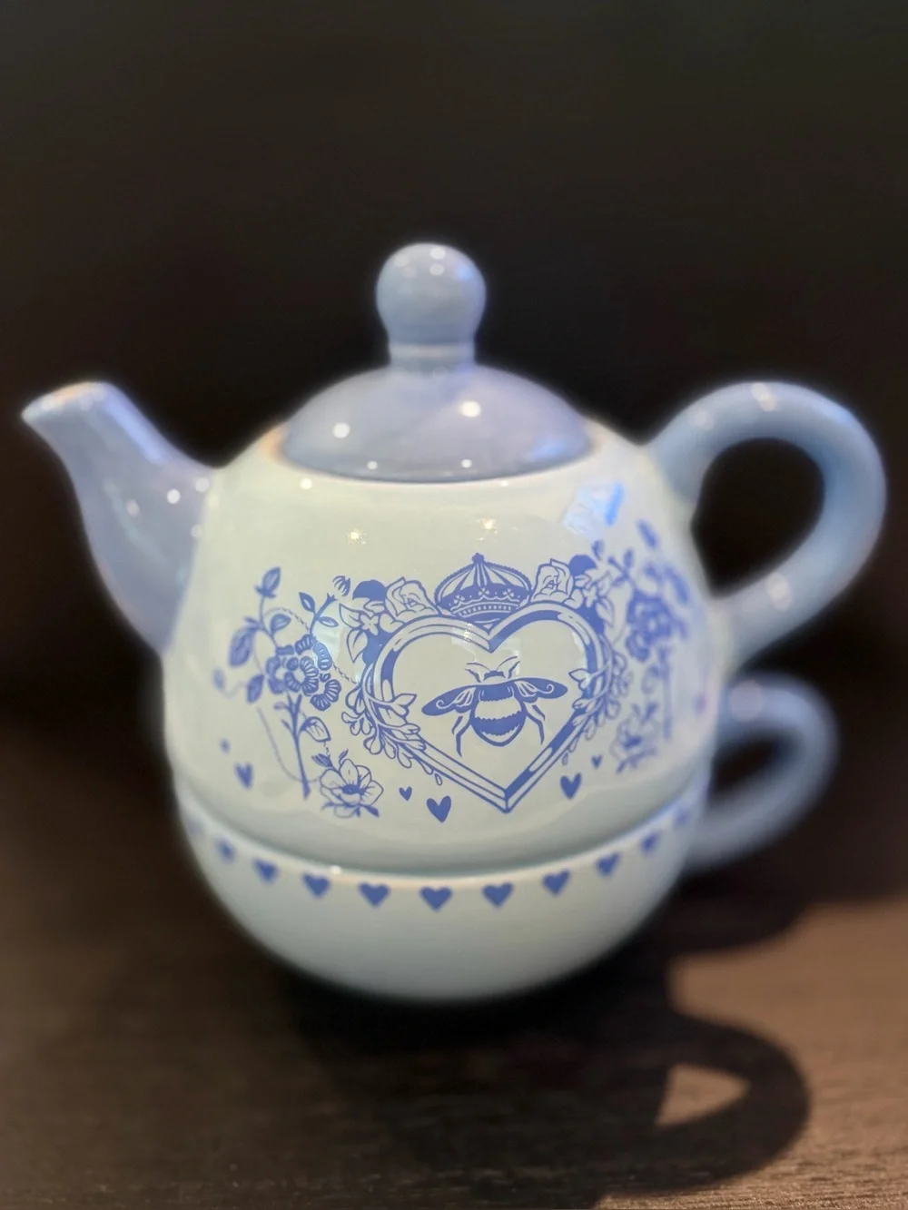 Blue Bee Heart Ceramic Teapot and Cup Set